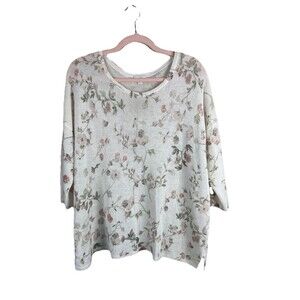 J. Jill Sweater Womens Large White Floral Print 3/4 Sleeve Linen Blend Knit